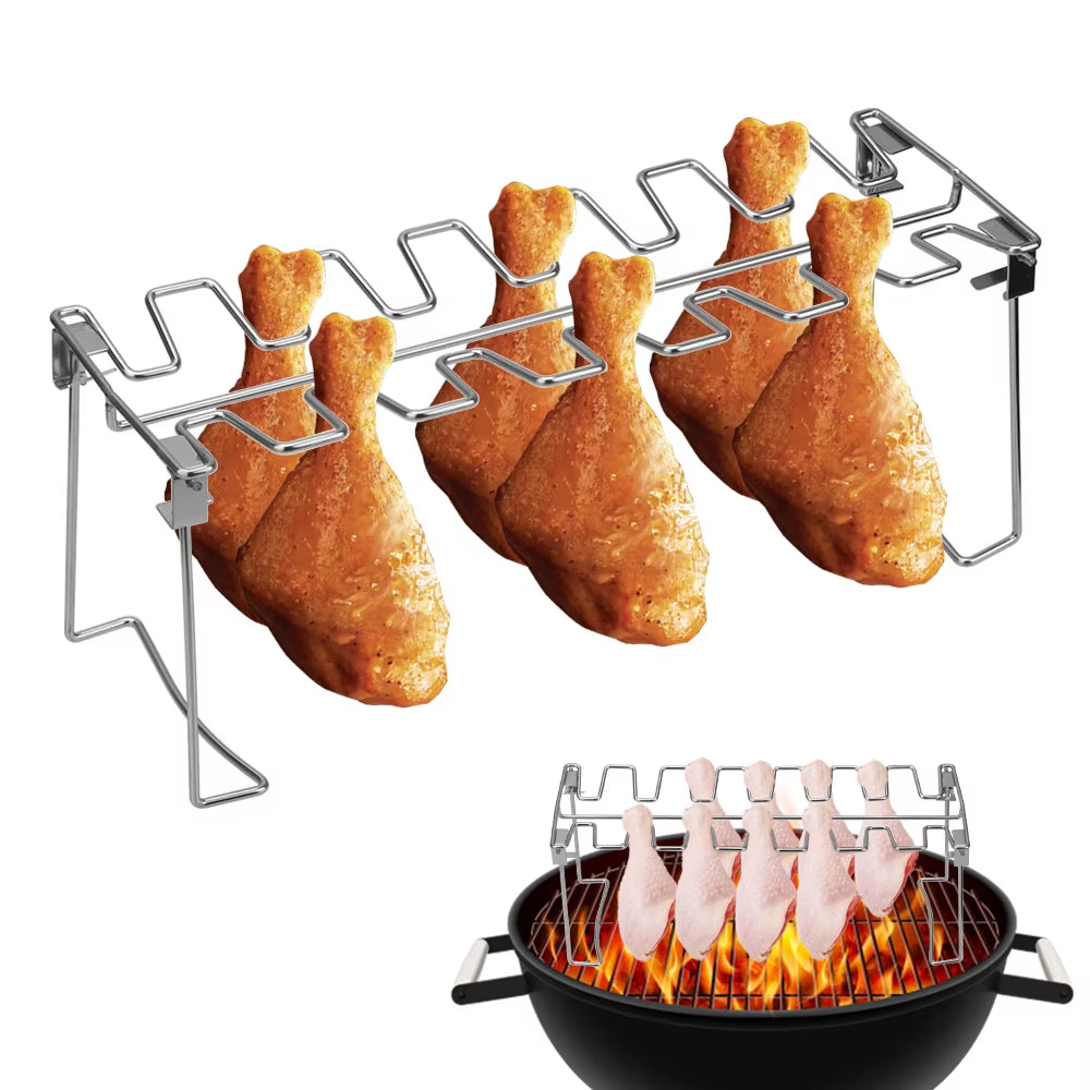 Stainless Steel BBQ Drumstick Holder with 14 Slots - Versatile Grill Rack for Chicken Legs, Wings, and Ribs - Ideal for Smoker and Oven Roasting