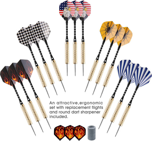 15-Piece Steel Dart Set with 18-Gram Tips, Dart Sharpener, 21 Flights, Aluminum Shafts, and Brass Barrels - Ideal for Rec Rooms, Man Caves, Bars, and Game Rooms