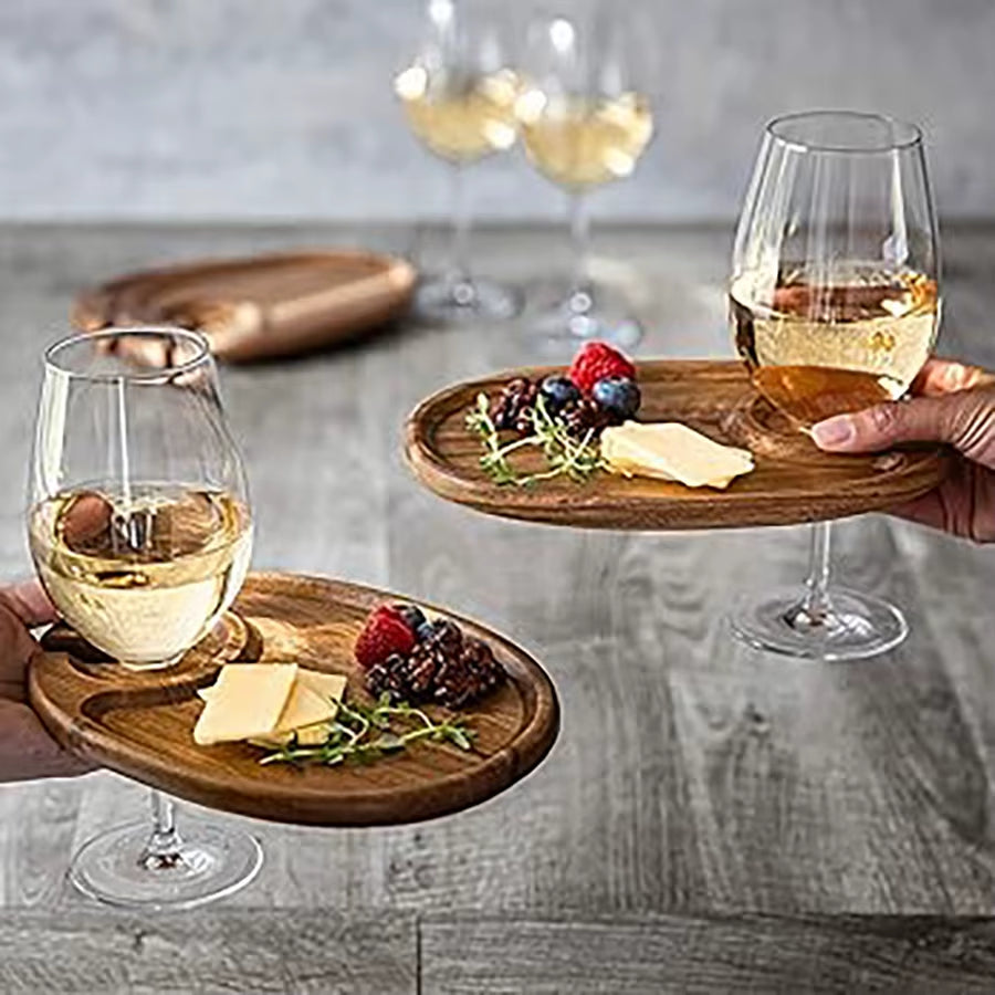 Acacia Wood Appetizer Plate Set of Four with Integrated Wine Glass Holder and Cheese Board