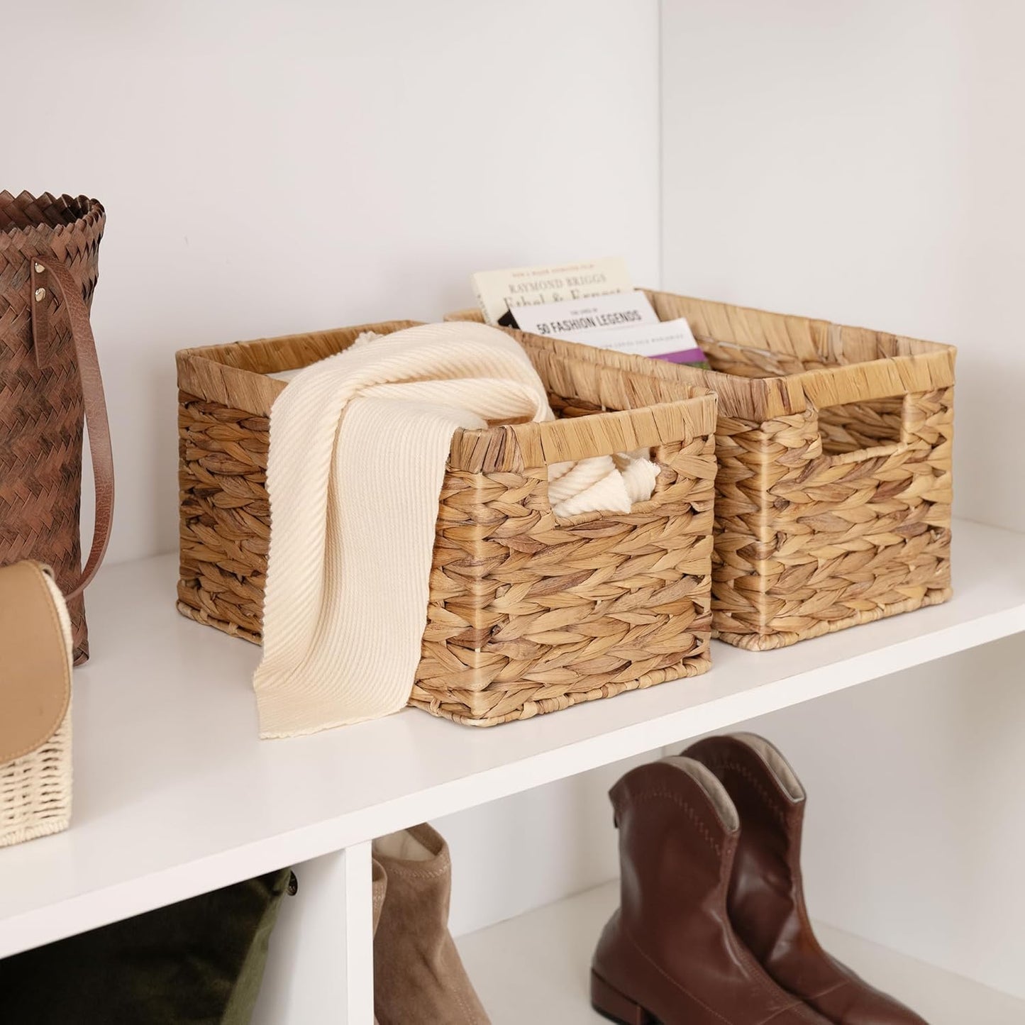 Large Wicker Storage Baskets with Handles, Rectangular Woven Organizers for Pantry and Bathroom, Natural Water Hyacinth, Set of 2