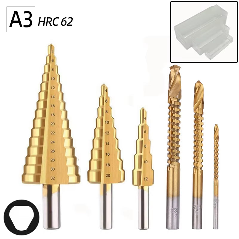 Professional Titanium Step Drill Bit Set for Wood and Metal - Sizes 4-12mm, 4-20mm, 4-32mm with 3, 6, and 8mm Twist Drills Included