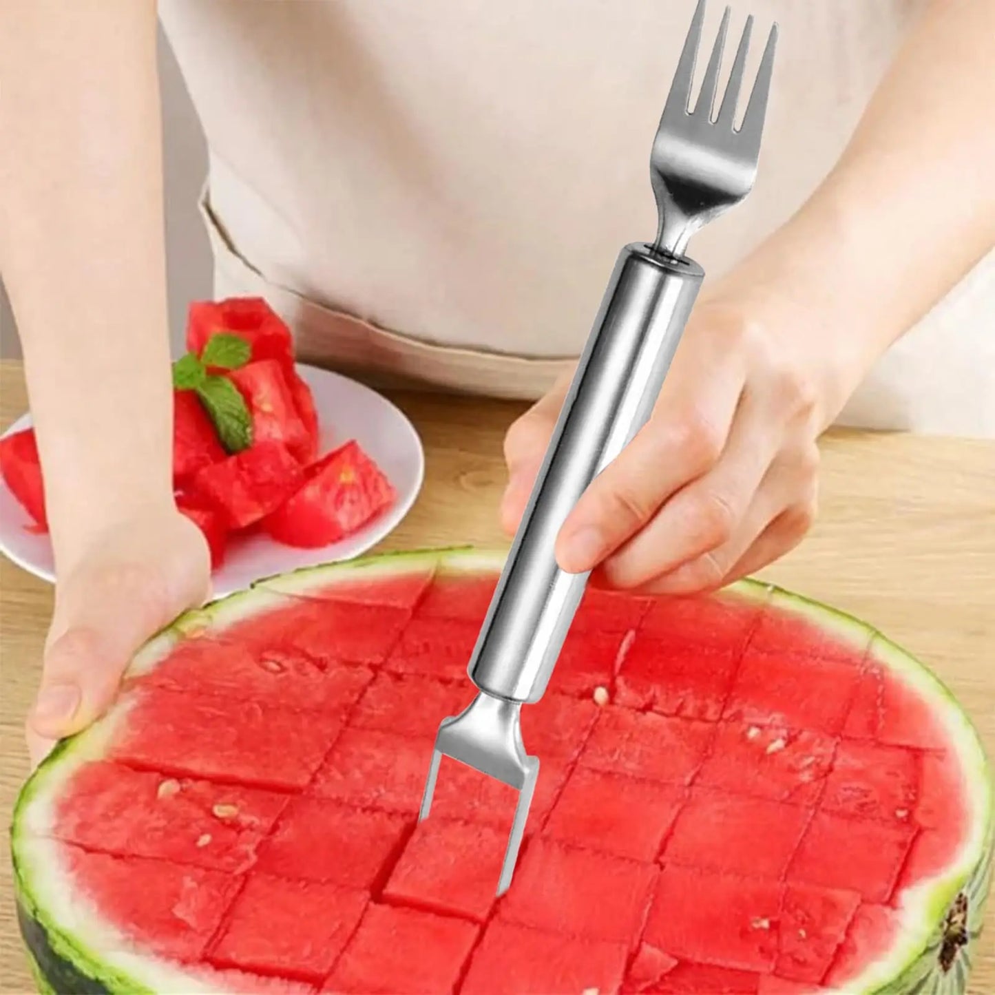 2025 Premium Stainless Steel Watermelon Slicer with Dual-Head Fork Tool for Kitchen Use
