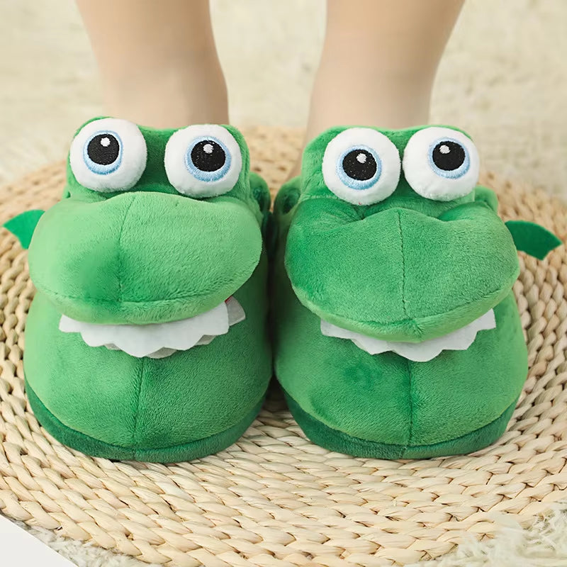 Crocodile Plush Cotton Slippers with Animated Mouth - Non-Slip Home Footwear for Children and Adults - Ideal Winter Gift