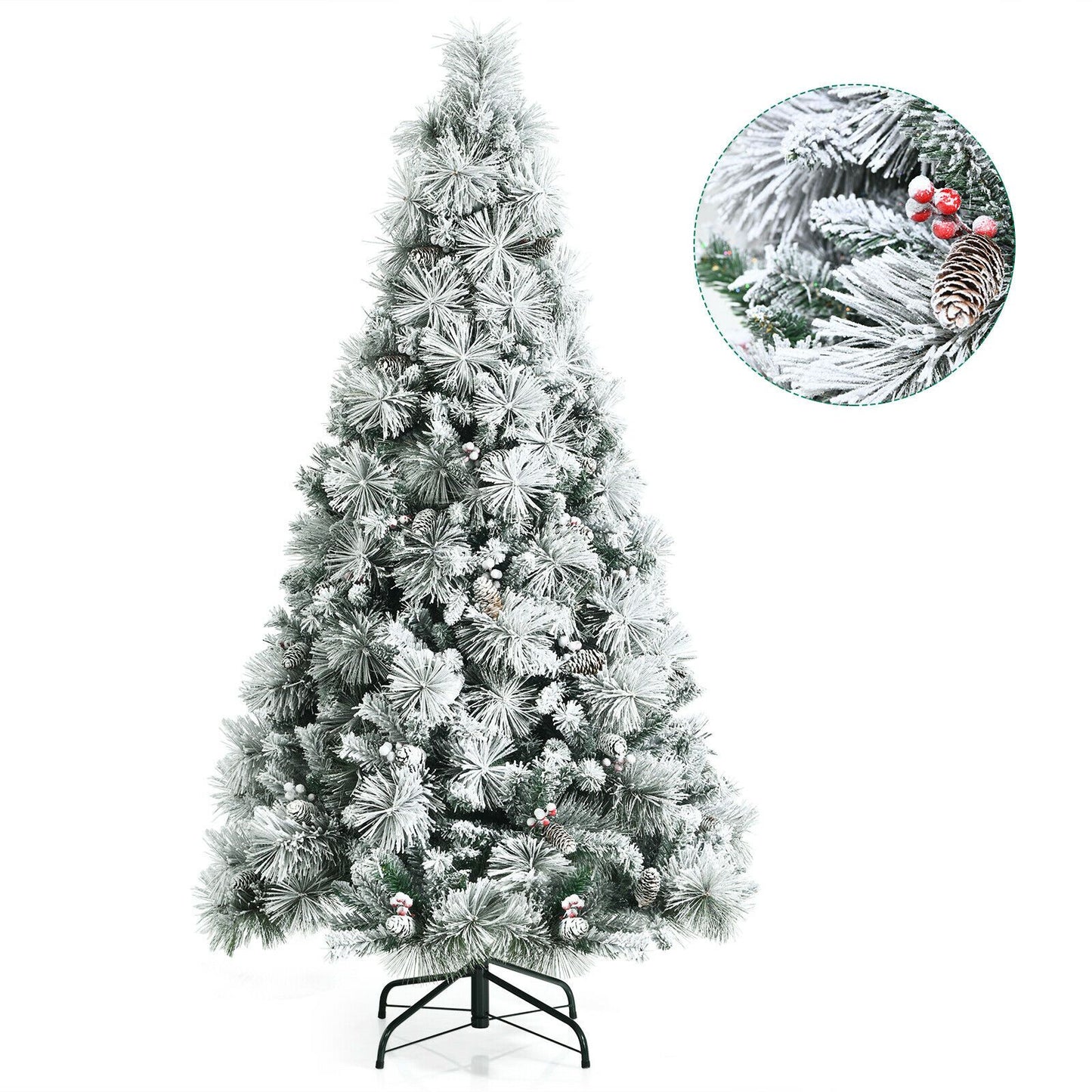 Snow-Flocked Christmas Tree Featuring 652 Branches and Decorative Berries