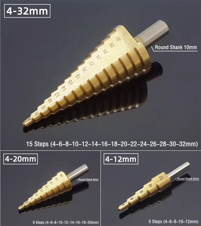 Professional Titanium Step Drill Bit Set for Wood and Metal - Sizes 4-12mm, 4-20mm, 4-32mm with 3, 6, and 8mm Twist Drills Included