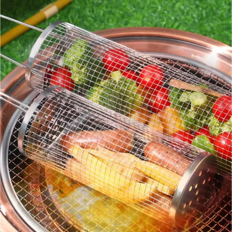 Portable Stainless Steel Barbecue Grill Basket for Outdoor Cooking and Camping