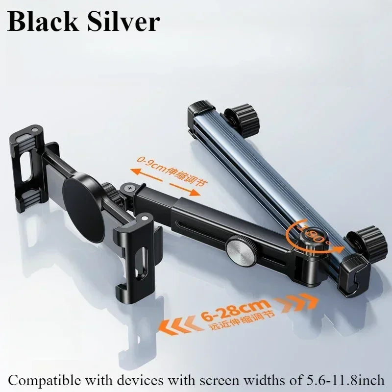 Adjustable Back Seat Tablet Holder Mount for Car Headrest - 360° Rotatable Phone Stand with Long Arm and Dual Hooks, Compatible with 4.7-12 Inch Devices