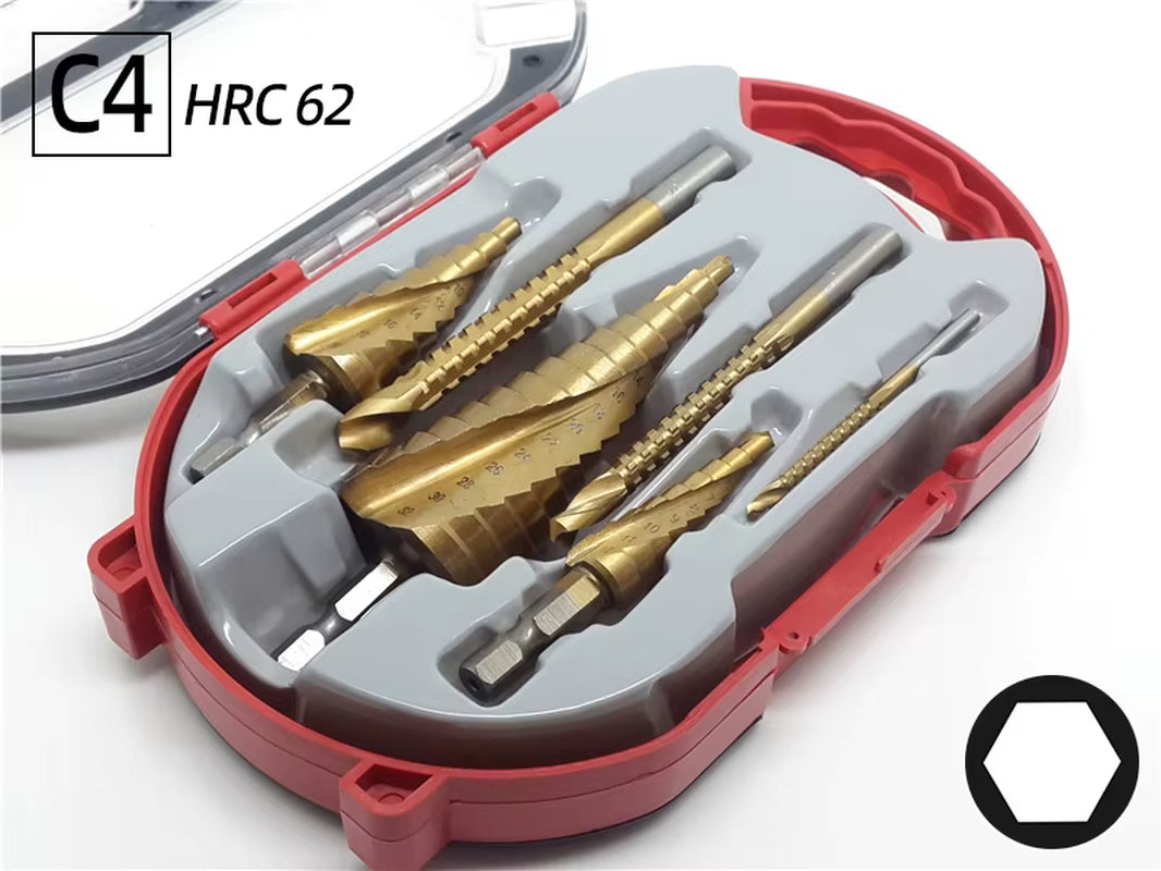 Professional Titanium Step Drill Bit Set for Wood and Metal - Sizes 4-12mm, 4-20mm, 4-32mm with 3, 6, and 8mm Twist Drills Included