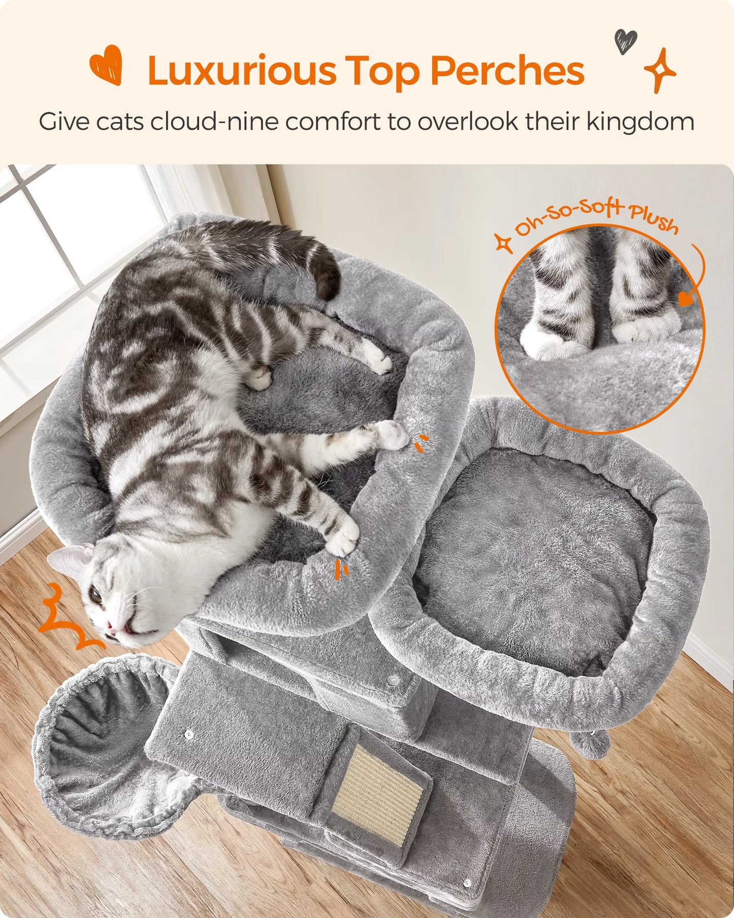 Cat Tree Tower - 206 cm Height, Featuring 13 Scratching Posts, 2 Platforms, 2 Kennels, Basket, Hammock, and Pompom