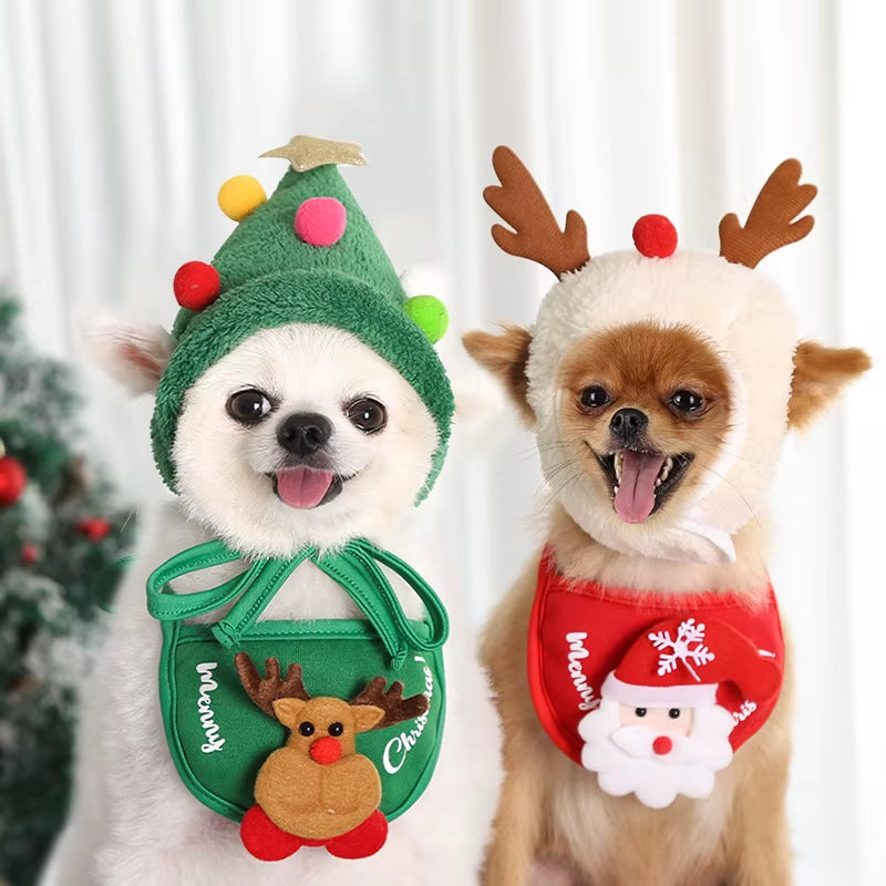 Festive Dog Christmas Hat and Santa Bibs for New Year Celebrations - Charming Bandana Accessories for Puppies and Cats