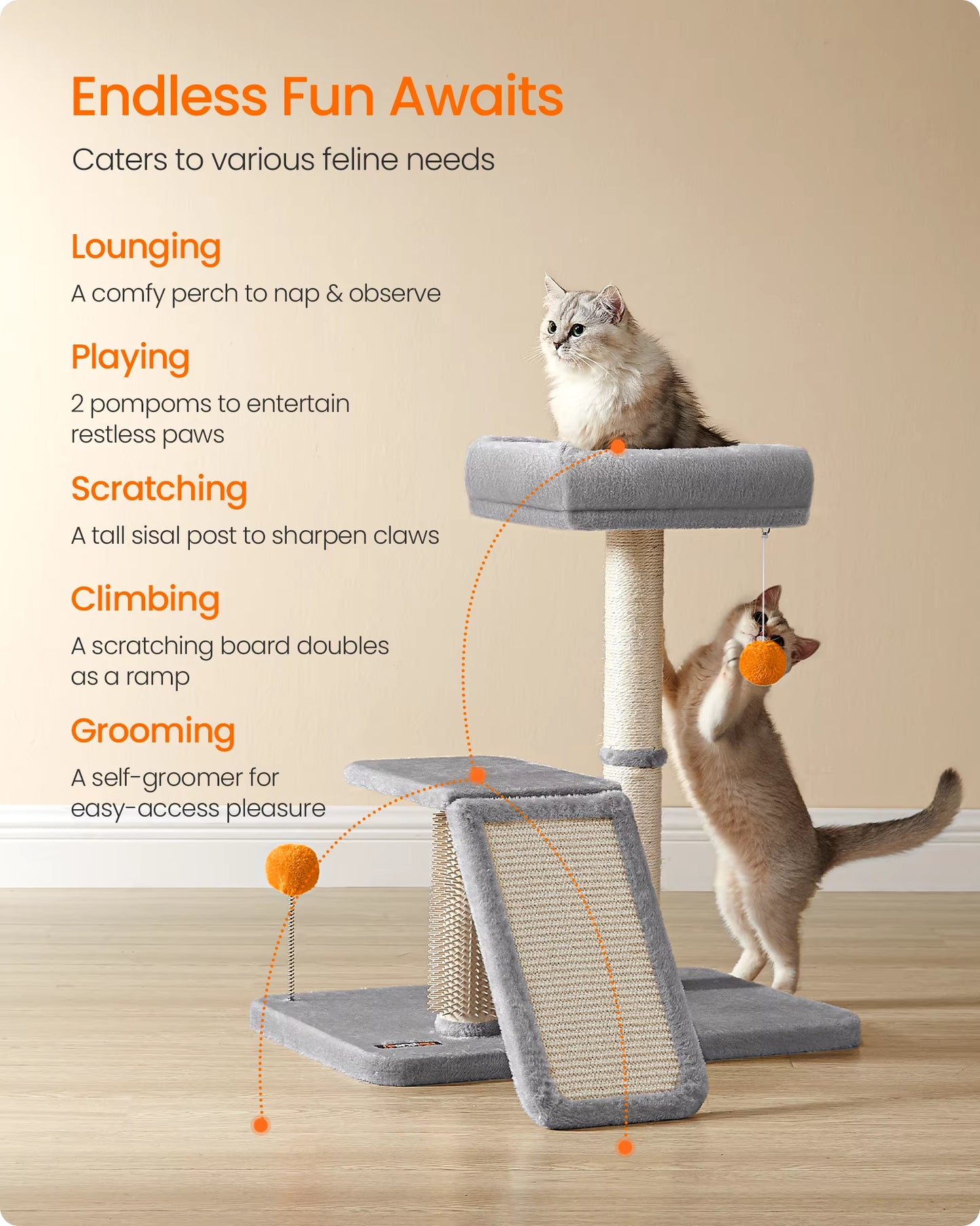 Multifunctional Cat Scratching Post with Integrated Bed, Rotatable Scratching Ramp, Perch, and Self-Grooming Feature