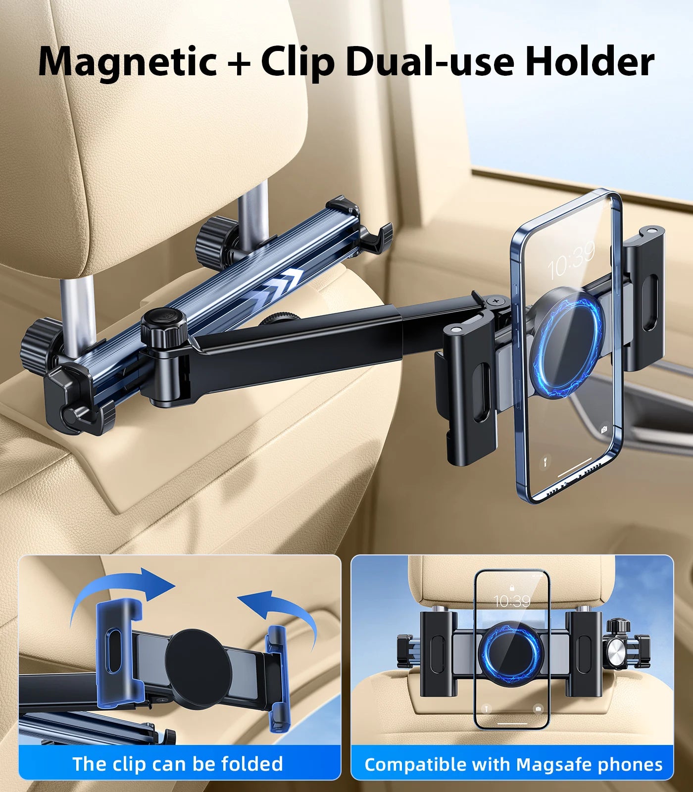Adjustable Back Seat Tablet Holder Mount for Car Headrest - 360° Rotatable Phone Stand with Long Arm and Dual Hooks, Compatible with 4.7-12 Inch Devices