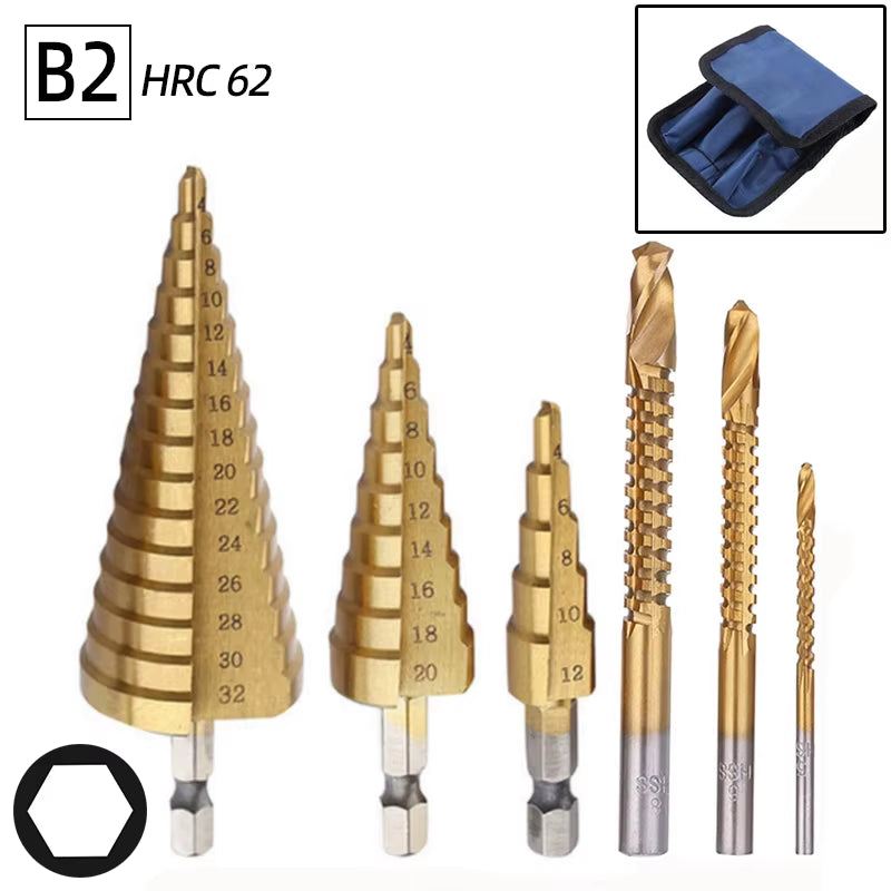 Professional Titanium Step Drill Bit Set for Wood and Metal - Sizes 4-12mm, 4-20mm, 4-32mm with 3, 6, and 8mm Twist Drills Included