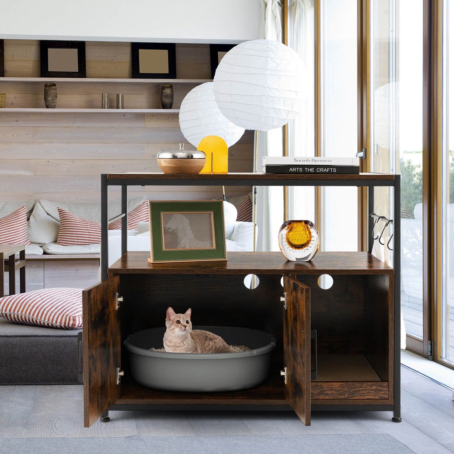 Cat Litter Box Enclosure with Integrated Scratching Pad and Dual Shelving Units
