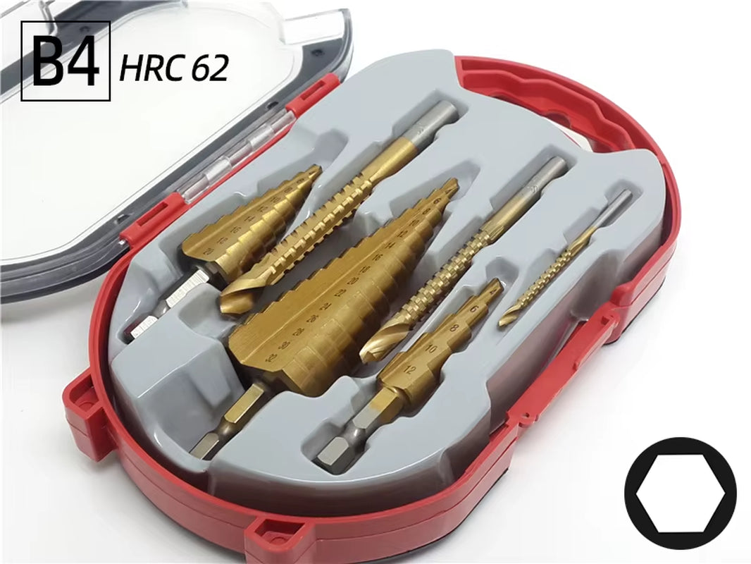 Professional Titanium Step Drill Bit Set for Wood and Metal - Sizes 4-12mm, 4-20mm, 4-32mm with 3, 6, and 8mm Twist Drills Included