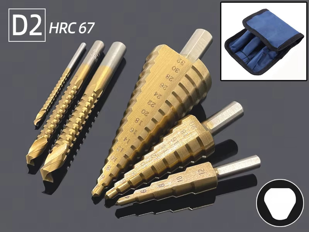 Professional Titanium Step Drill Bit Set for Wood and Metal - Sizes 4-12mm, 4-20mm, 4-32mm with 3, 6, and 8mm Twist Drills Included