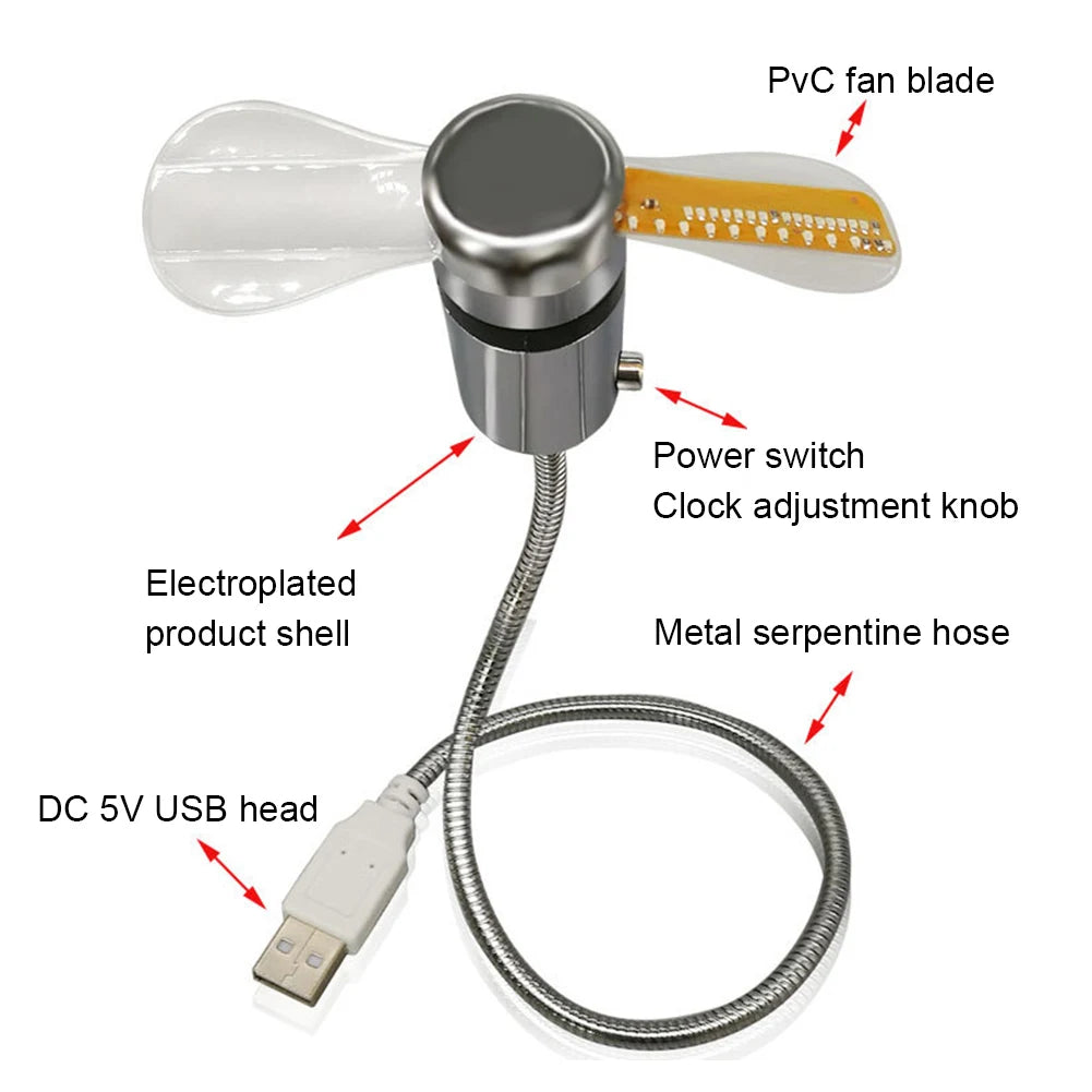 Portable RGB LED Clock Fan with Real-Time Temperature Display - 5V USB Metal Mini Fan for Computers and Laptops
