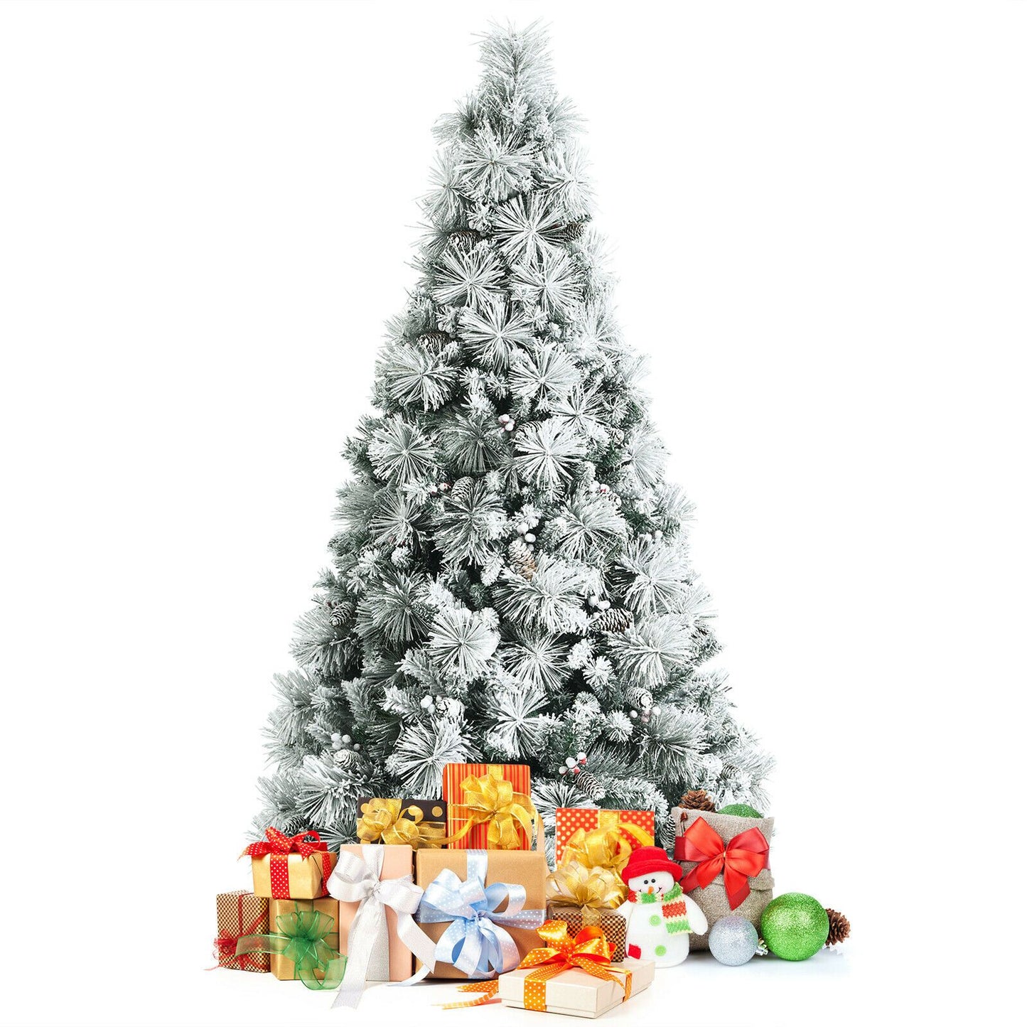 Snow-Flocked Christmas Tree Featuring 652 Branches and Decorative Berries