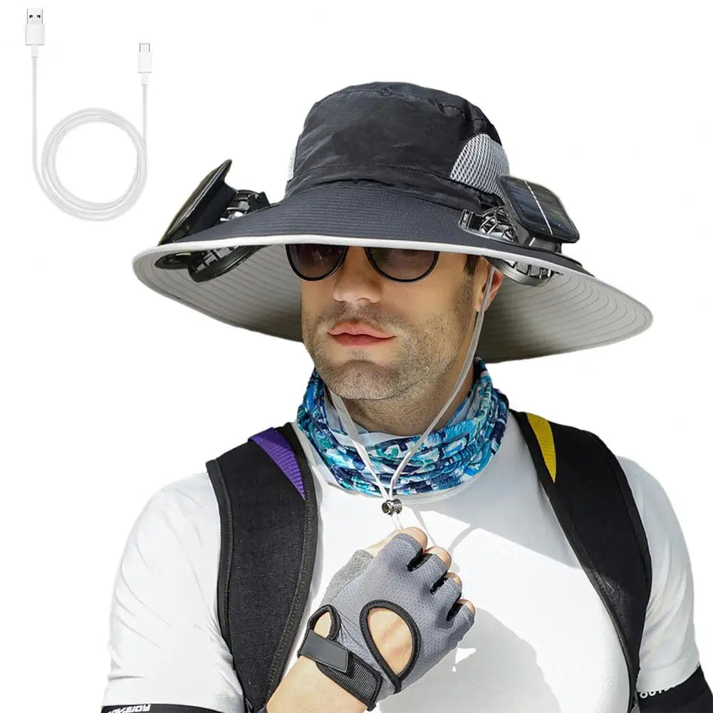 Solar-Powered Outdoor Hat Fan with Dual Power Supply - Wide Brim Sun Protection for Fishing, Hiking, and Gardening