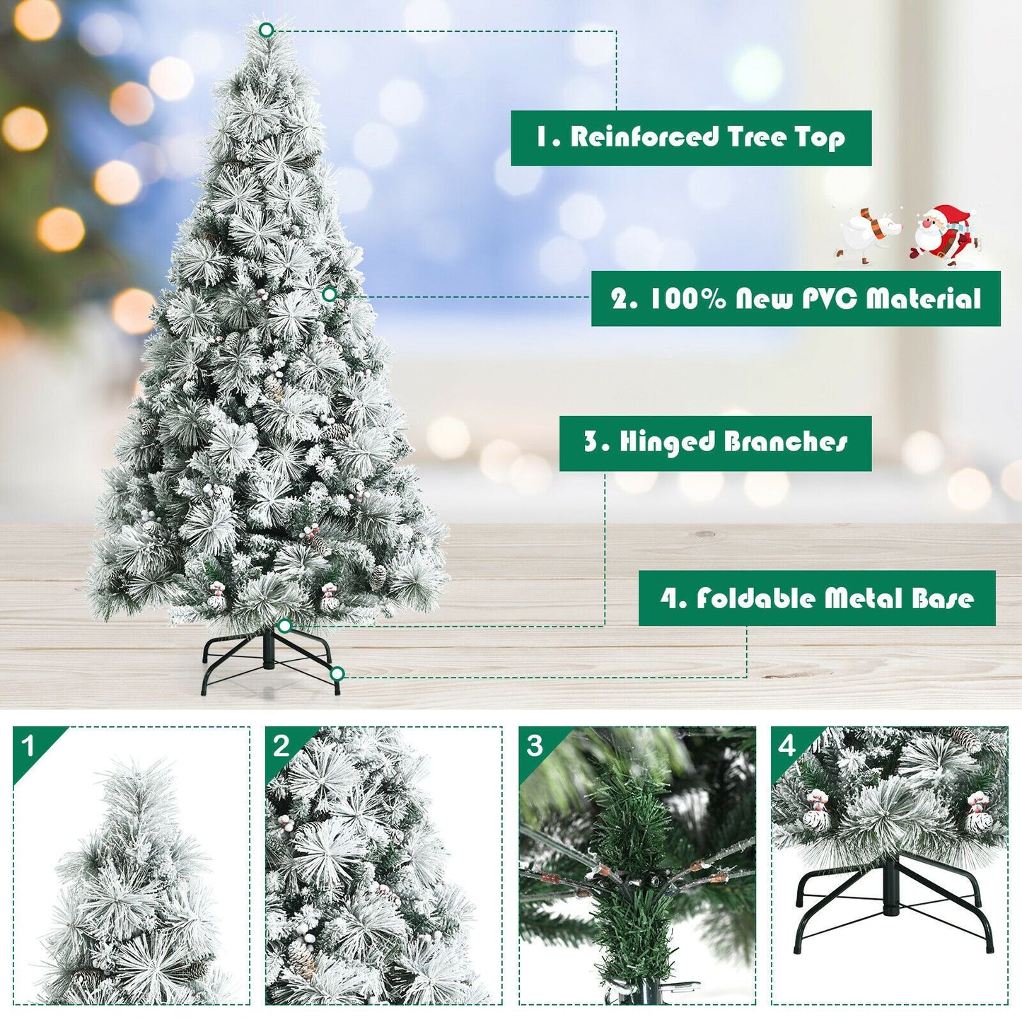Snow-Flocked Christmas Tree Featuring 652 Branches and Decorative Berries