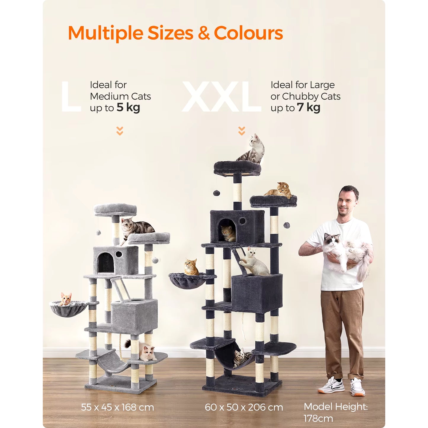 Cat Tree Tower - 206 cm Height, Featuring 13 Scratching Posts, 2 Platforms, 2 Kennels, Basket, Hammock, and Pompom