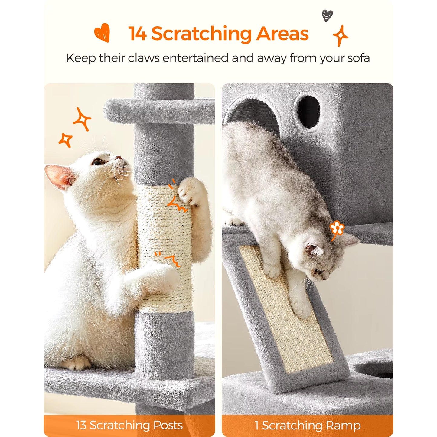 Cat Tree Tower - 206 cm Height, Featuring 13 Scratching Posts, 2 Platforms, 2 Kennels, Basket, Hammock, and Pompom