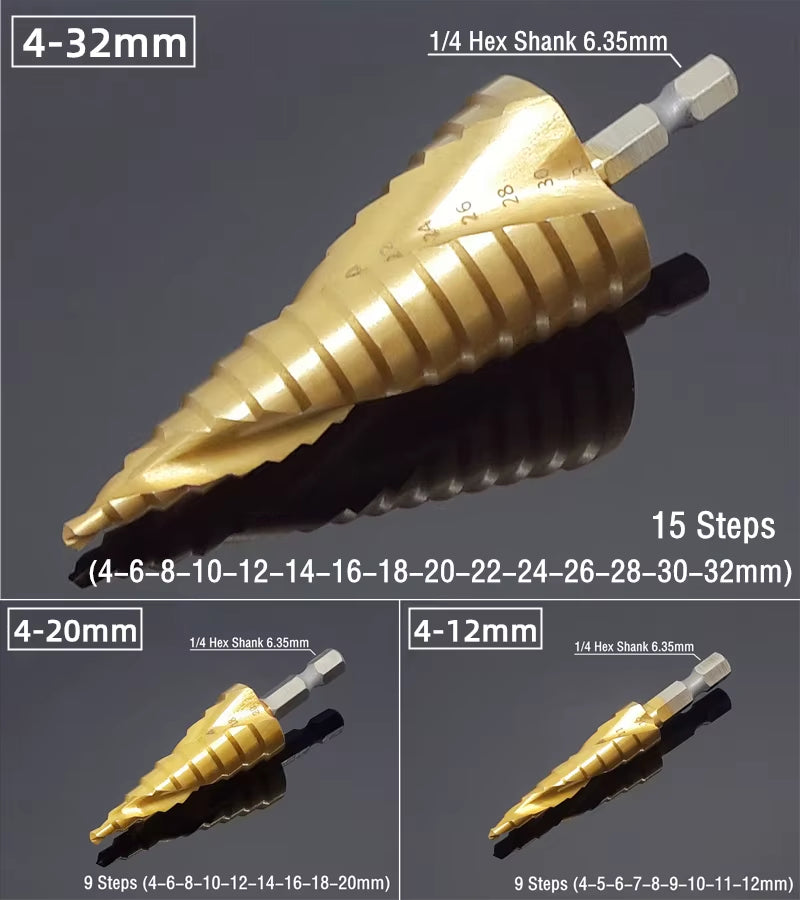 Professional Titanium Step Drill Bit Set for Wood and Metal - Sizes 4-12mm, 4-20mm, 4-32mm with 3, 6, and 8mm Twist Drills Included