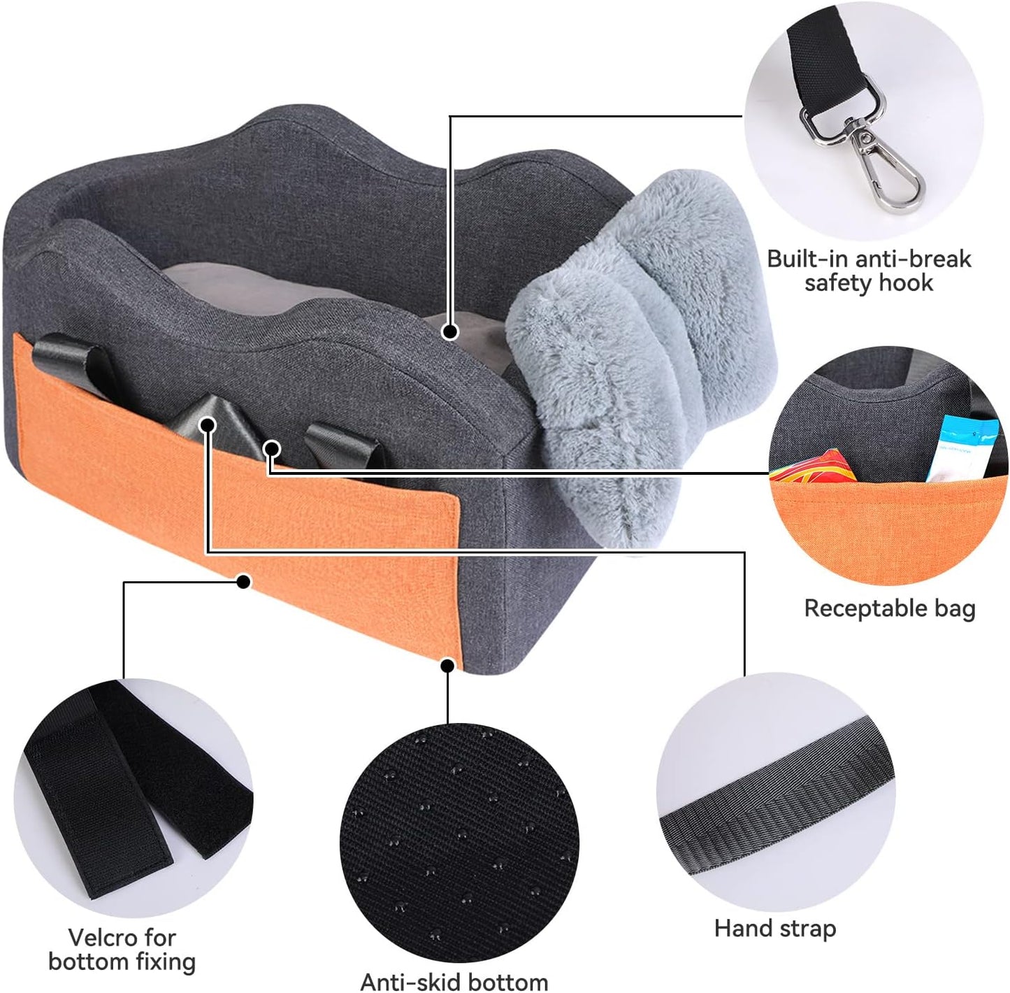 Small Dog Center Console Car Seat Booster - Dark Gray Pet Seat for Puppies