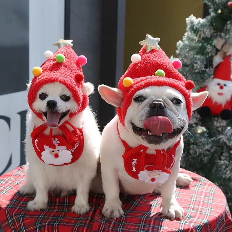 Festive Dog Christmas Hat and Santa Bibs for New Year Celebrations - Charming Bandana Accessories for Puppies and Cats