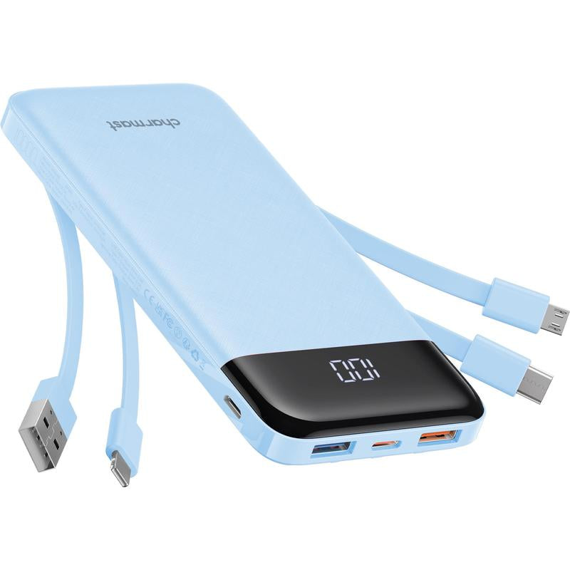 Charmast Ultra-Slim 10,000mAh Portable Charger with Integrated Cables, 6 Outputs & 3 Inputs for Fast Charging, Compatible with All Smartphones, Tablets, and USB-C Devices, Ideal for Travel