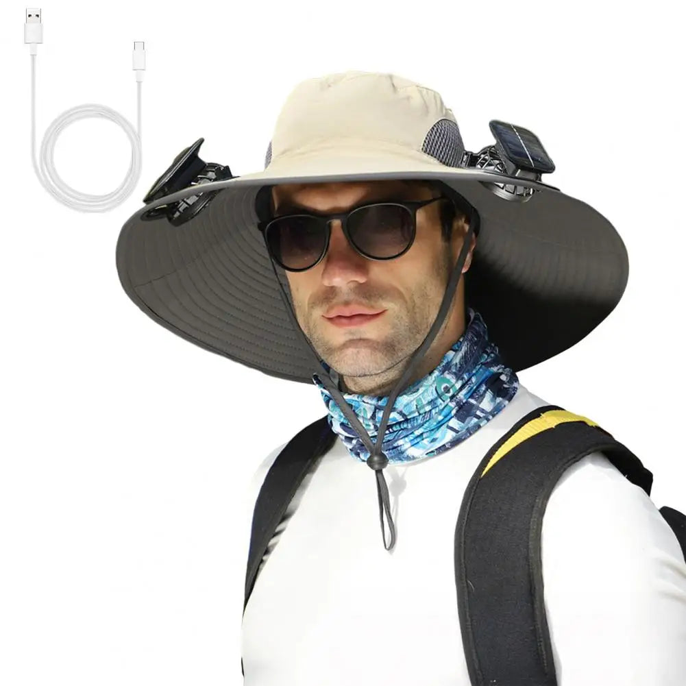 Solar-Powered Outdoor Hat Fan with Dual Power Supply - Wide Brim Sun Protection for Fishing, Hiking, and Gardening