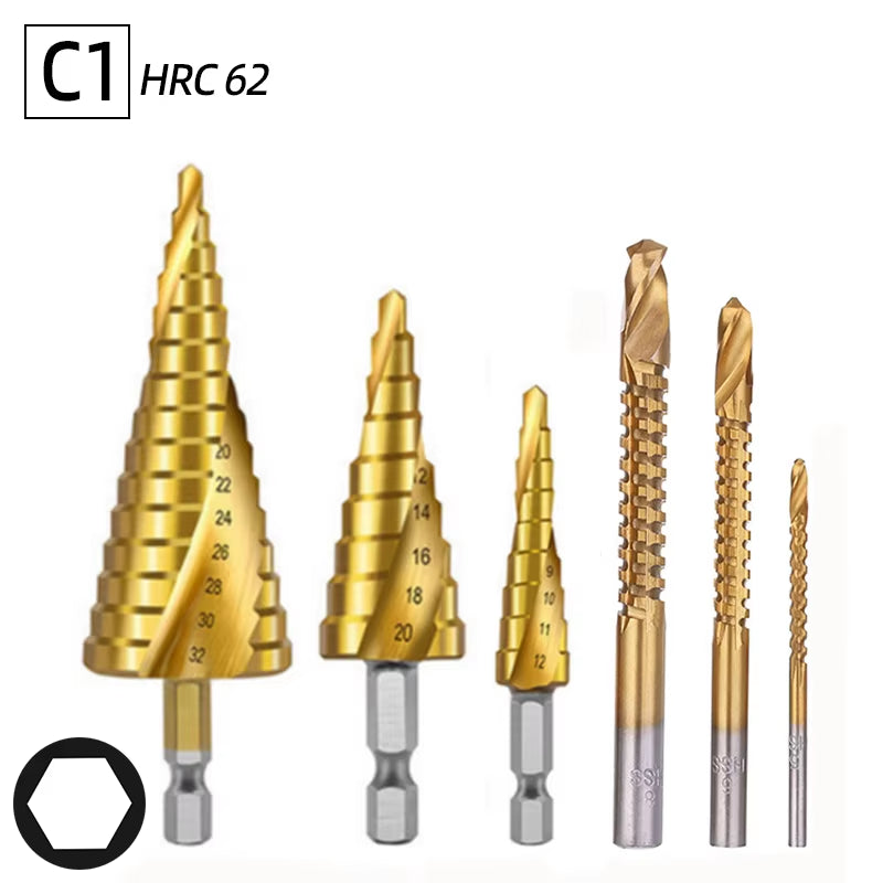 Professional Titanium Step Drill Bit Set for Wood and Metal - Sizes 4-12mm, 4-20mm, 4-32mm with 3, 6, and 8mm Twist Drills Included