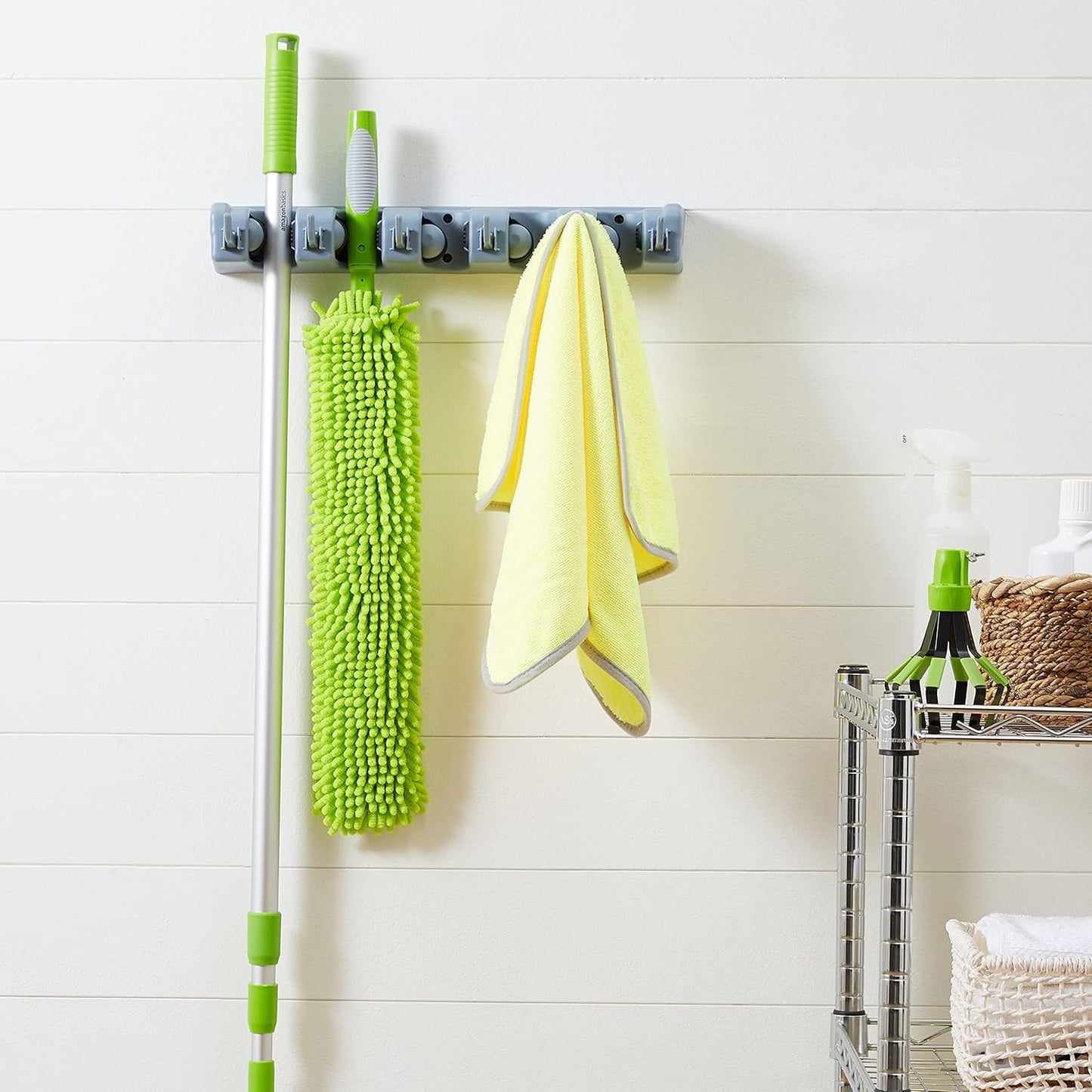 Rectangular Wall-Mounted Broom Holder and Garden Tool Organizer with 6 Hooks and 5 Slots, Dimensions: 43 x 8.5 x 6.2 cm, Gray