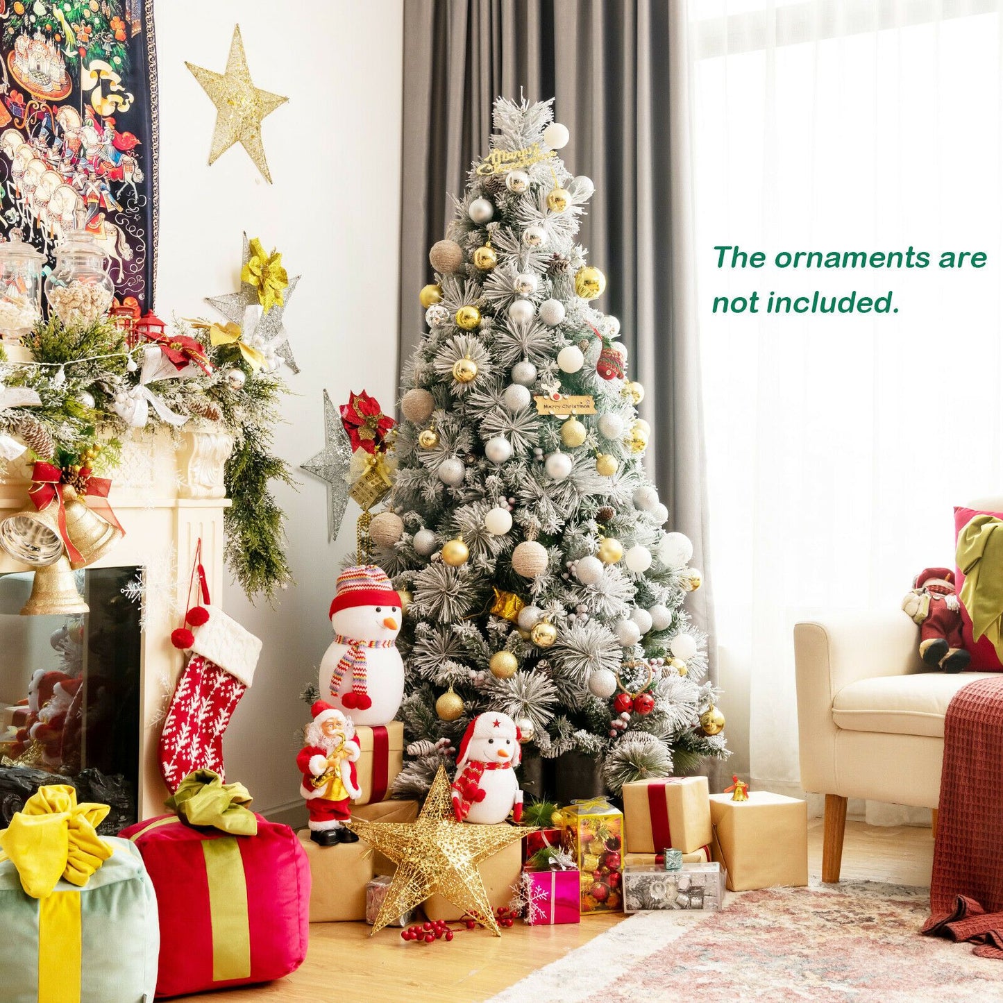 Snow-Flocked Christmas Tree Featuring 652 Branches and Decorative Berries