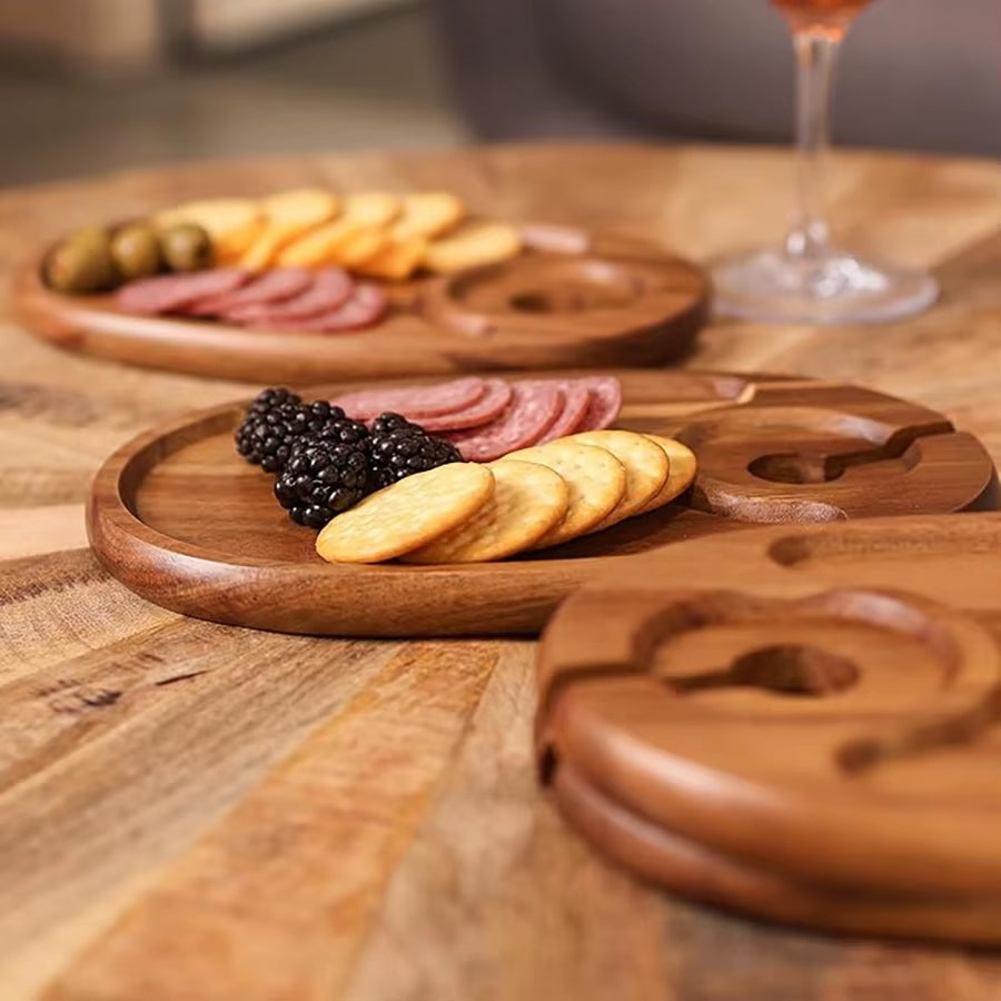 Acacia Wood Appetizer Plate Set of Four with Integrated Wine Glass Holder and Cheese Board
