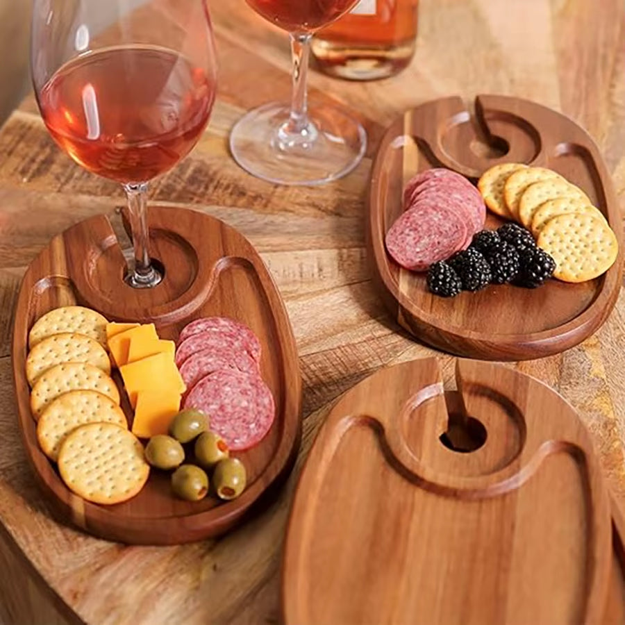 Acacia Wood Appetizer Plate Set of Four with Integrated Wine Glass Holder and Cheese Board
