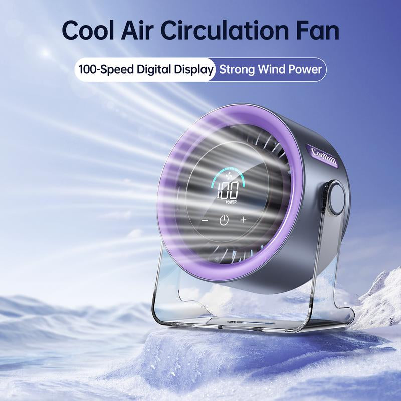 Coolhill Turbo Desktop Fan with 100-Speed Digital Display, Quiet Operation, Rechargeable Battery, and Dual Adjustment Modes for Office Environments