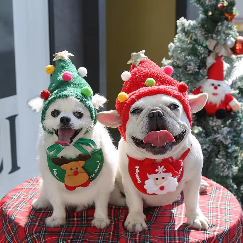 Festive Dog Christmas Hat and Santa Bibs for New Year Celebrations - Charming Bandana Accessories for Puppies and Cats