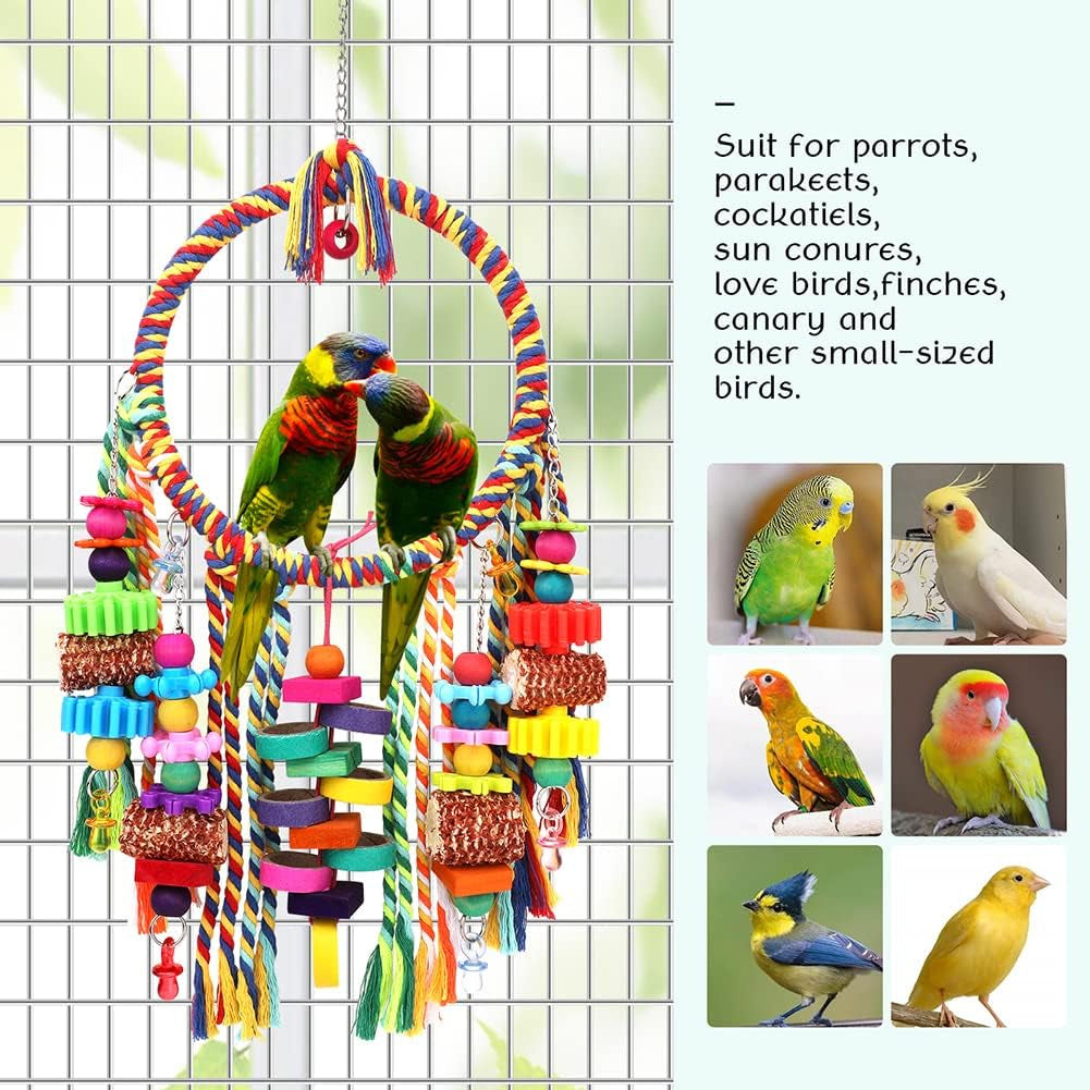 Bird Rope Ring Swing Perch with Corn Cob, Cardboard Bagels, and Wooden Chewing Blocks for Parakeets, Conures, Lovebirds, Finches, and Other Small to Medium-Sized Birds