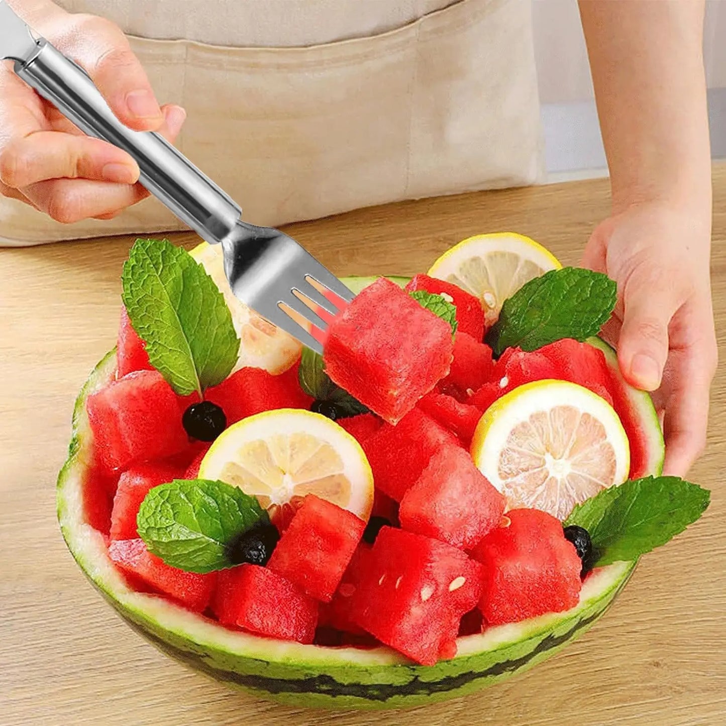 2025 Premium Stainless Steel Watermelon Slicer with Dual-Head Fork Tool for Kitchen Use