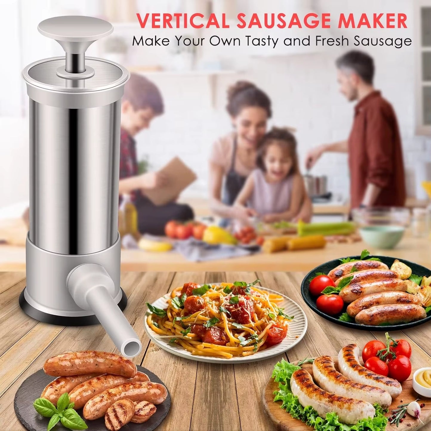 Sausage Stuffer with Four Interchangeable Stuffing Tube Sizes and Accessories