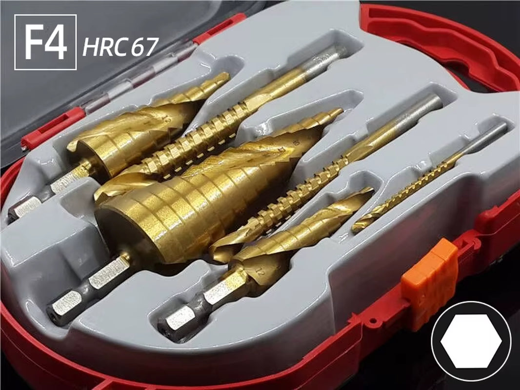 Professional Titanium Step Drill Bit Set for Wood and Metal - Sizes 4-12mm, 4-20mm, 4-32mm with 3, 6, and 8mm Twist Drills Included