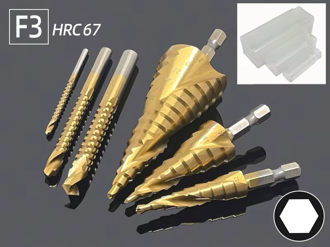Professional Titanium Step Drill Bit Set for Wood and Metal - Sizes 4-12mm, 4-20mm, 4-32mm with 3, 6, and 8mm Twist Drills Included