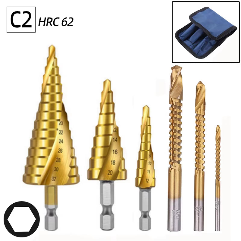 Professional Titanium Step Drill Bit Set for Wood and Metal - Sizes 4-12mm, 4-20mm, 4-32mm with 3, 6, and 8mm Twist Drills Included