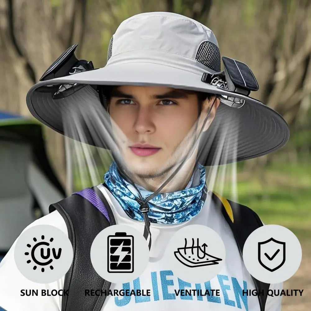 Solar-Powered Outdoor Hat Fan with Dual Power Supply - Wide Brim Sun Protection for Fishing, Hiking, and Gardening