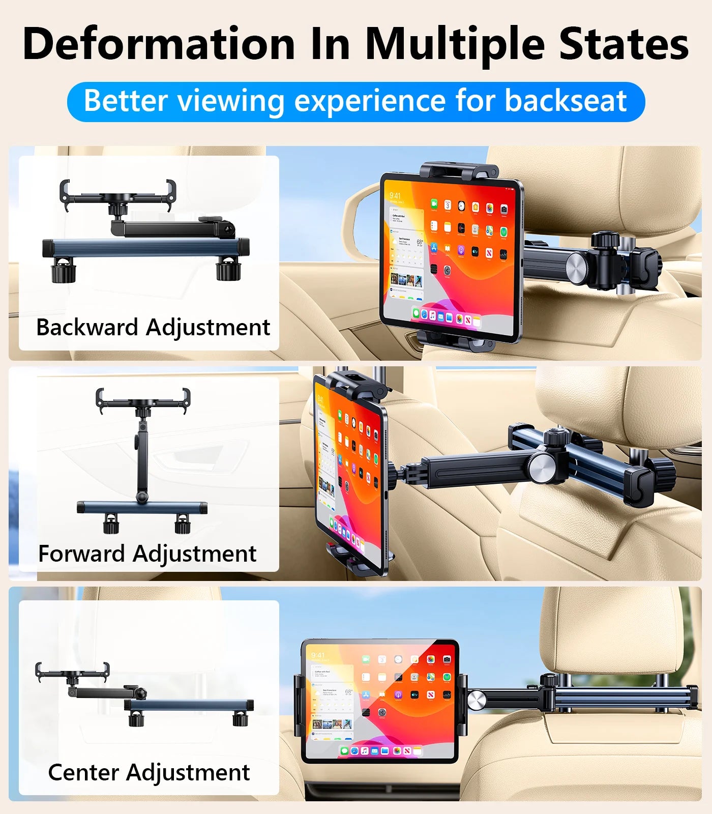 Adjustable Back Seat Tablet Holder Mount for Car Headrest - 360° Rotatable Phone Stand with Long Arm and Dual Hooks, Compatible with 4.7-12 Inch Devices