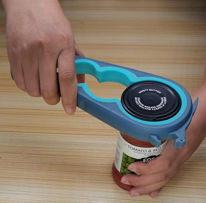 Blue and Grey Multi-Functional Jar, Bottle, and Can Opener for Individuals with Limited Hand Strength - Non-Slip Grip Kitchen Tool for Seniors and Arthritis Sufferers