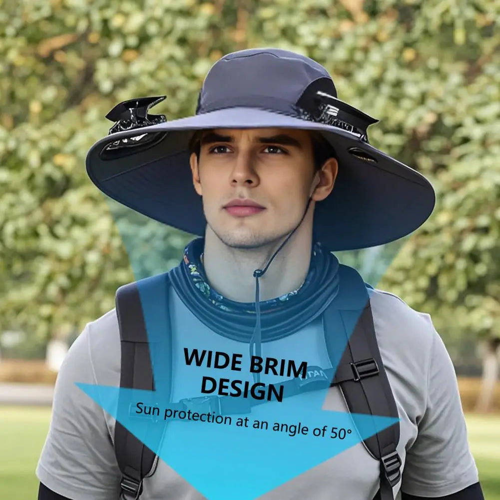 Solar-Powered Outdoor Hat Fan with Dual Power Supply - Wide Brim Sun Protection for Fishing, Hiking, and Gardening