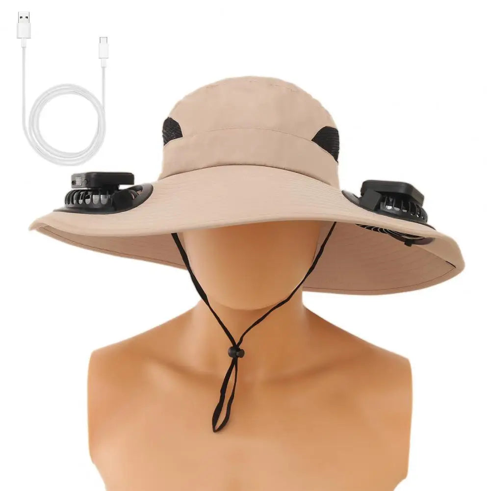 Solar-Powered Outdoor Hat Fan with Dual Power Supply - Wide Brim Sun Protection for Fishing, Hiking, and Gardening