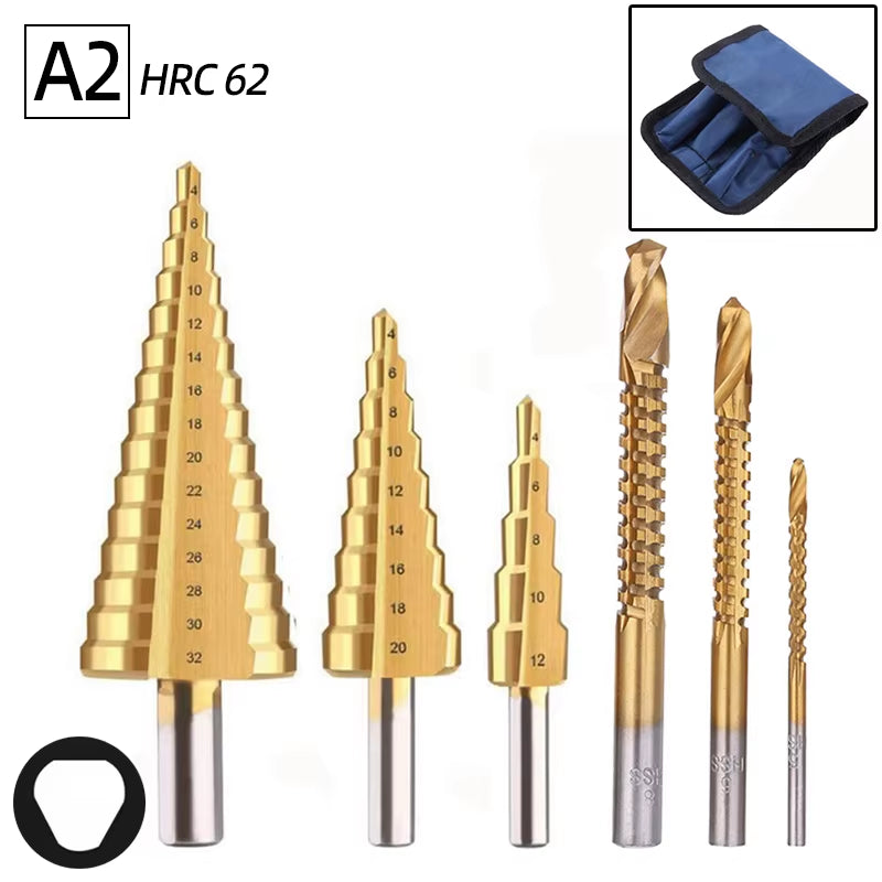 Professional Titanium Step Drill Bit Set for Wood and Metal - Sizes 4-12mm, 4-20mm, 4-32mm with 3, 6, and 8mm Twist Drills Included